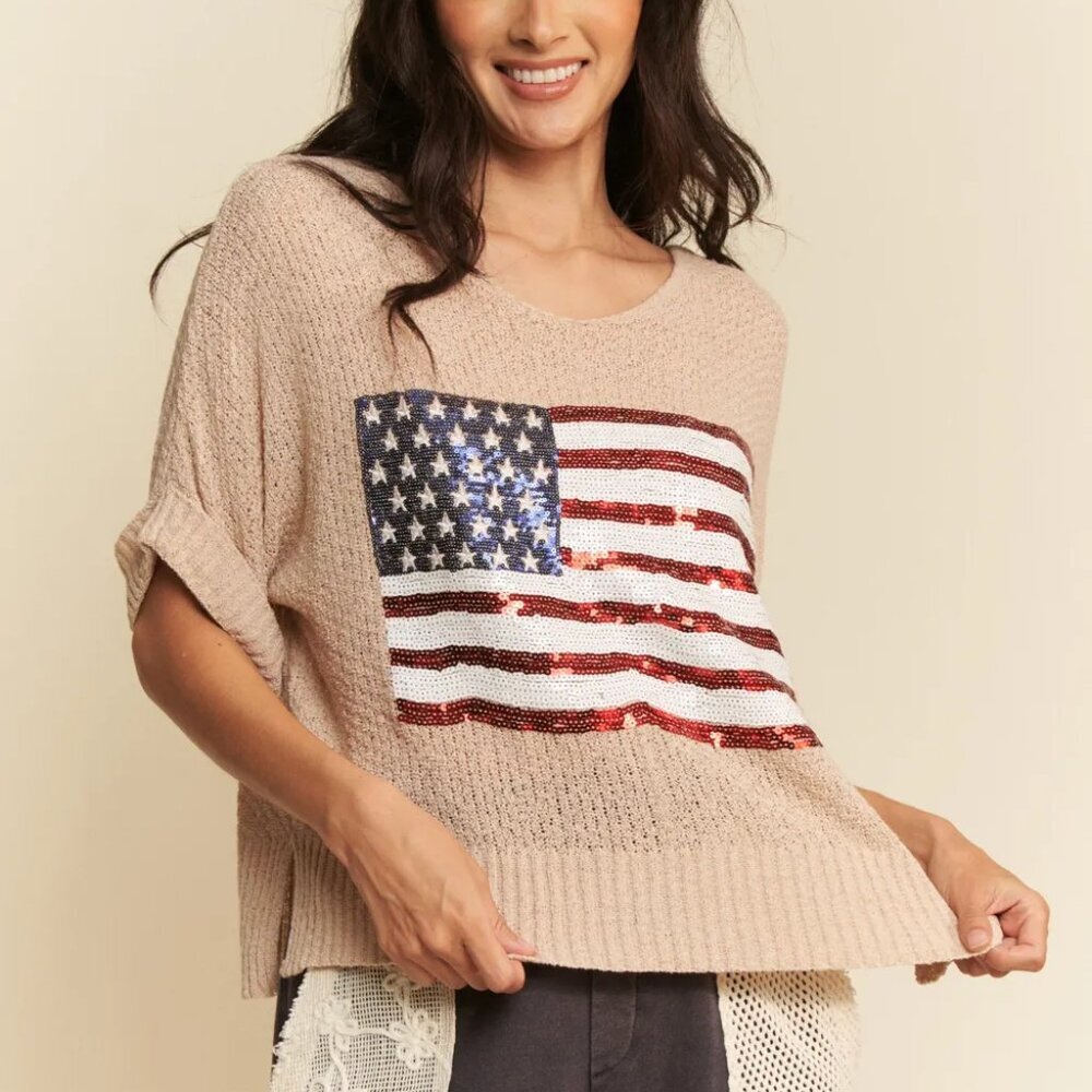 Davi & Dani Sequin‎ American Flag Patch Short Sleeve Knit Top - Picture 2 of 10